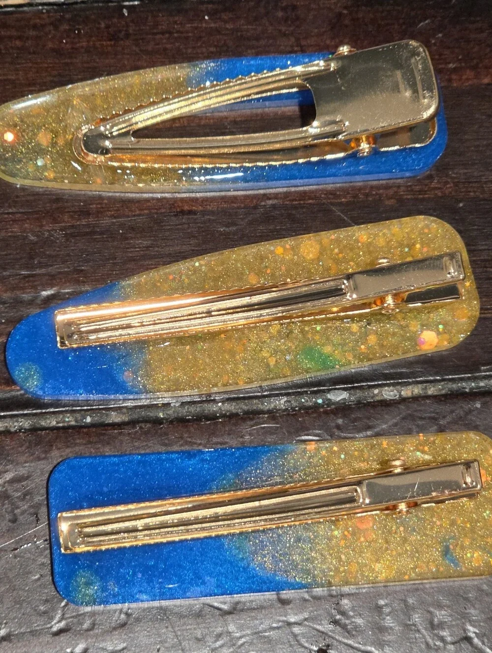 Hand Crafted Blue and Gold Glitter Hair Clips Set of 3